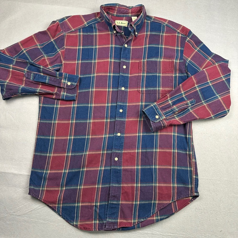 L.L. Bean Mens Large Tall Plaid Flannel Shirt Burgundy Blue Cotton USA Made